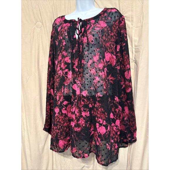 TORRID Black Chiffon Pink Floral Clip Dot Resort Button Front Blouse Top Size 4X - Picture 1 of 5